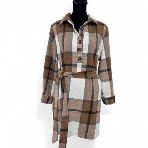 SHEIN Curve Plaid Long Sleeves Half Button Up Dress With Belt 0XL Exellent Cond.